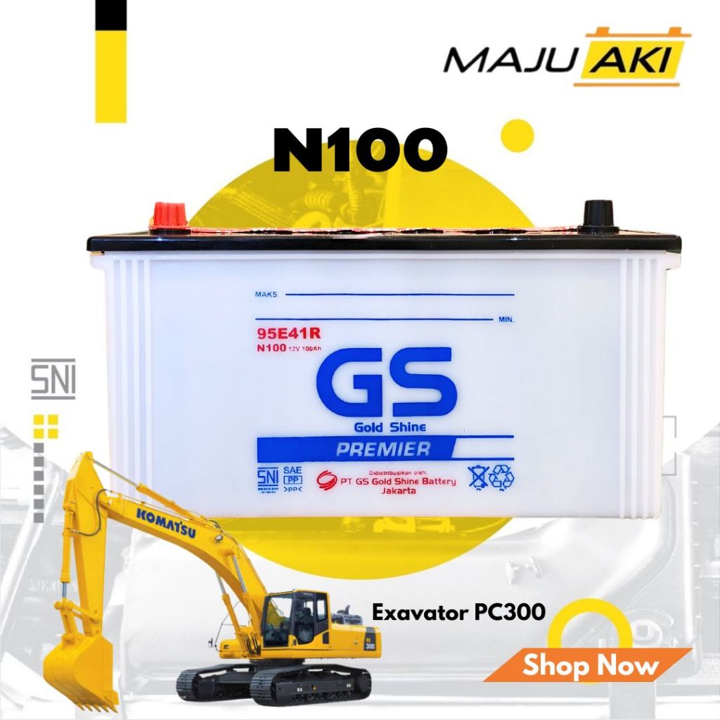Aki Basah GS Gold Shine Dry Charge Premier N100 Battery Excavator Komatsu PC300 100Ah 12V