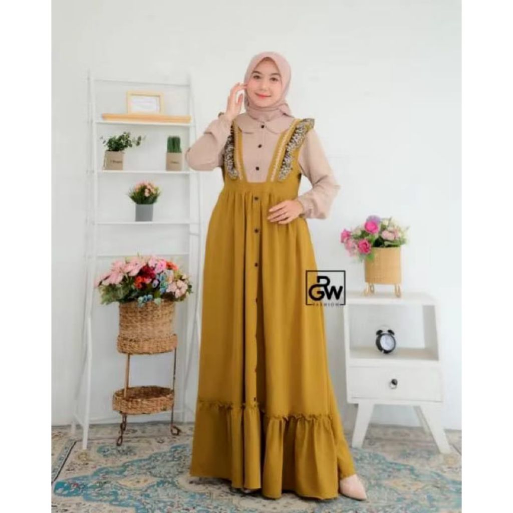 Gamis Crinkle Airflow Premium Overall Set 2in1 - Gamis Remaja Kekinian Murah Terlaris - Dress Muslim