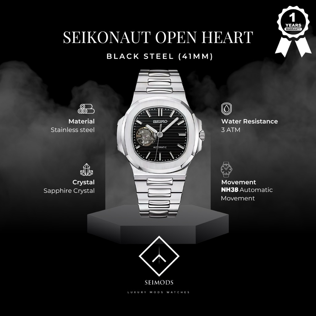 Jam Tangan Seiko Nautilus Black Open Heart NH38 Automatic Seikonaut Watch