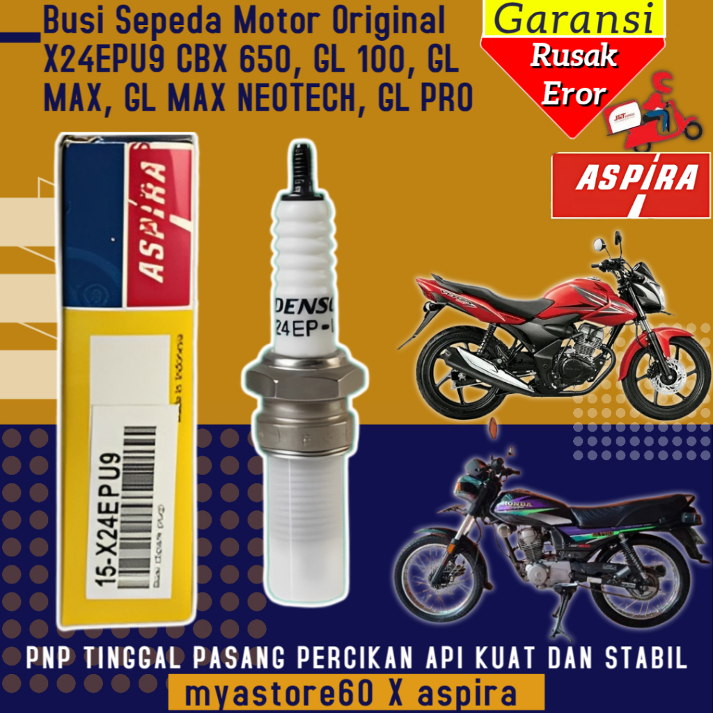 ORIGINAL ASPIRA Busi Denso X24EPU9 Busi Standar Sepeda Motor CBX 650, GL 100, GL MAX, GL MAX NEOTECH