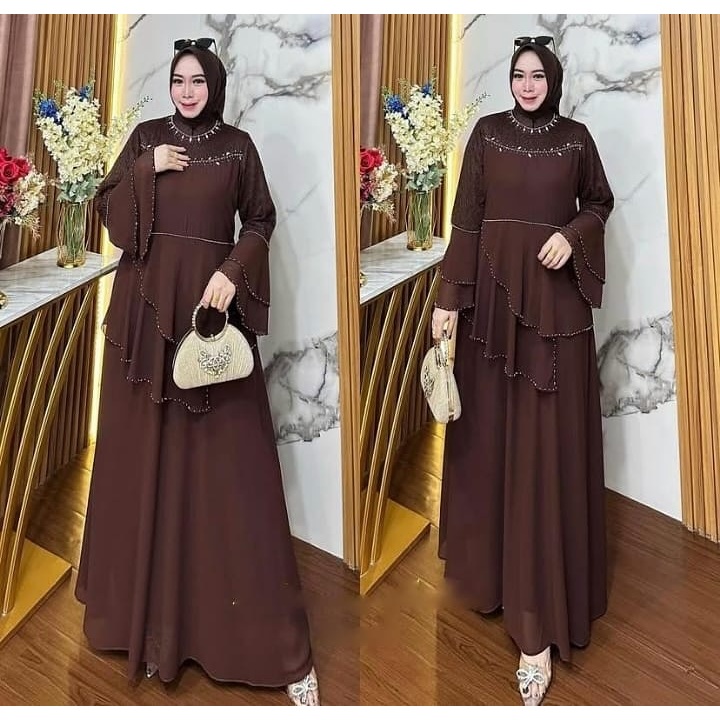 Gamis Jumbo Wanita Kekinian Daraa Dress BL Bahan Cerutty Baby Doll Mix Brukat Aplikasi Payet Size M 