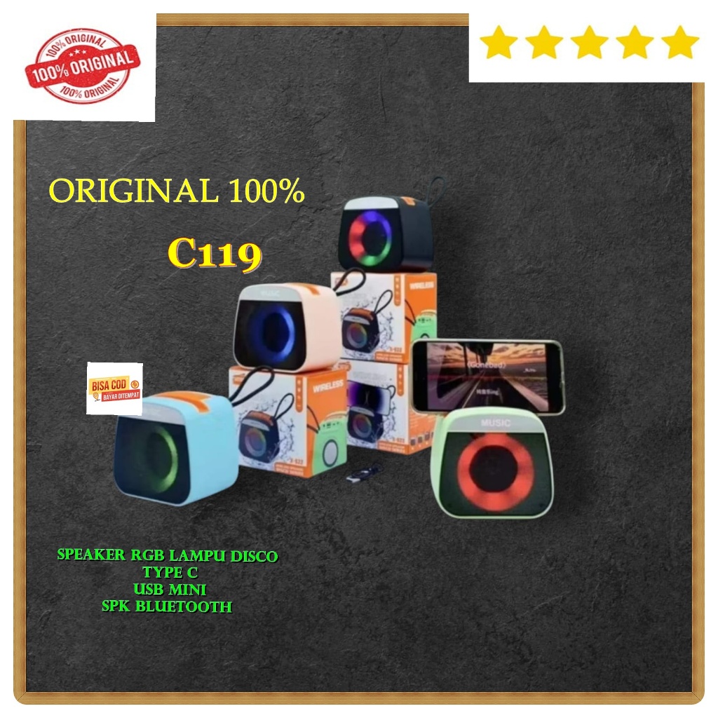 C119 ORI 100% SPEAKER RGB LAMPU DISCO TYPE C USB Mini SPK BLUETOT portabel SPIKER Bluetooth BULAT SP