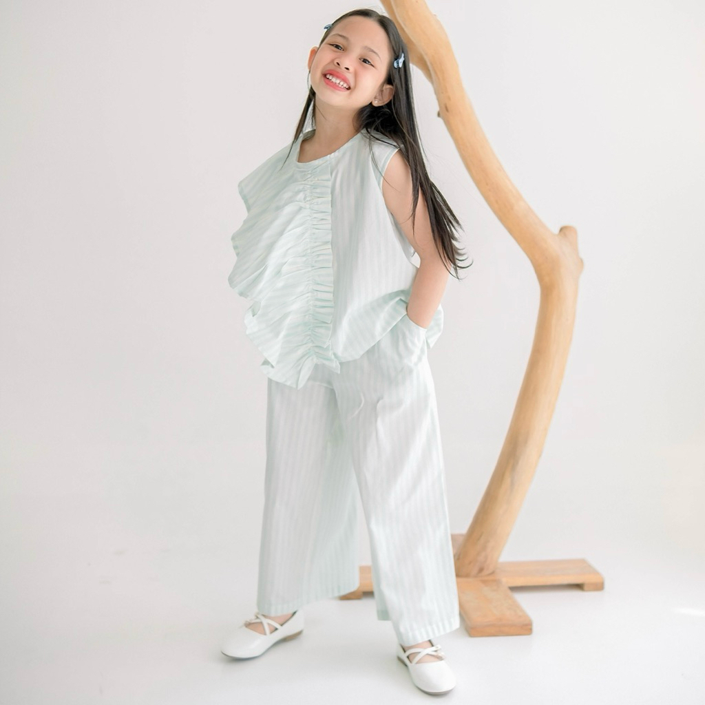 (1-8 Tahun) CALIA-Setelan Anak Perempuan Garis | Set Anak Perempuan Ruffle | Set Anak Perempuan Kore