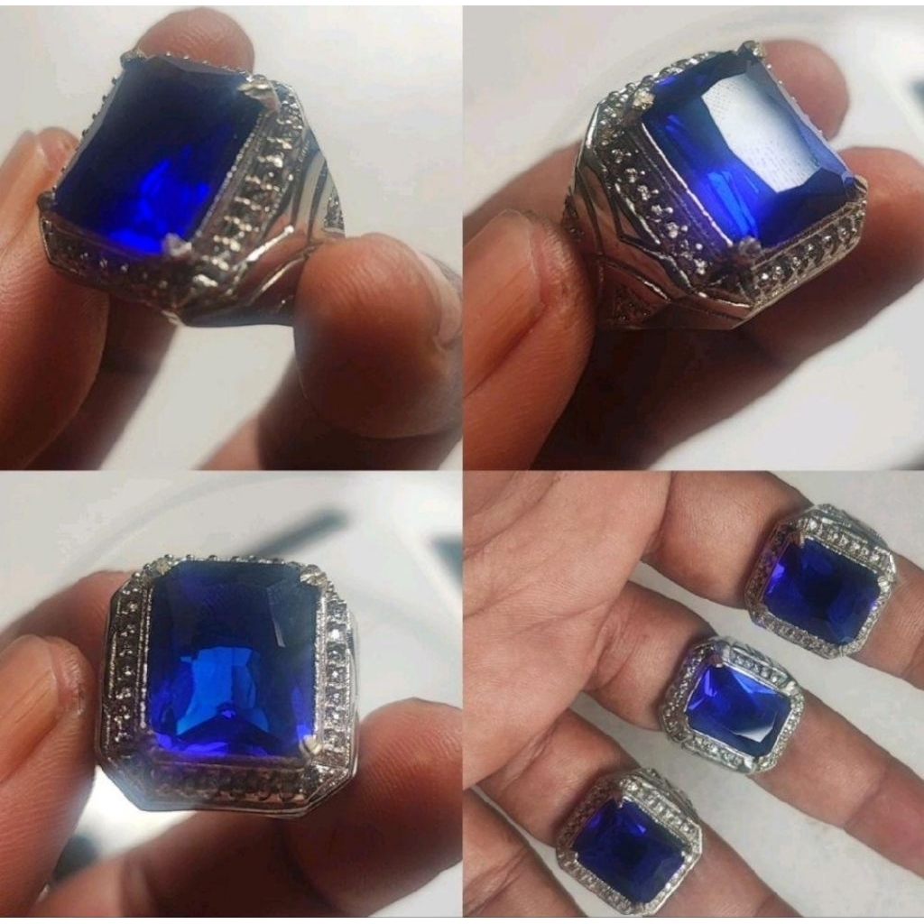 cincin batu akik blue king safir kotak ring alpaka