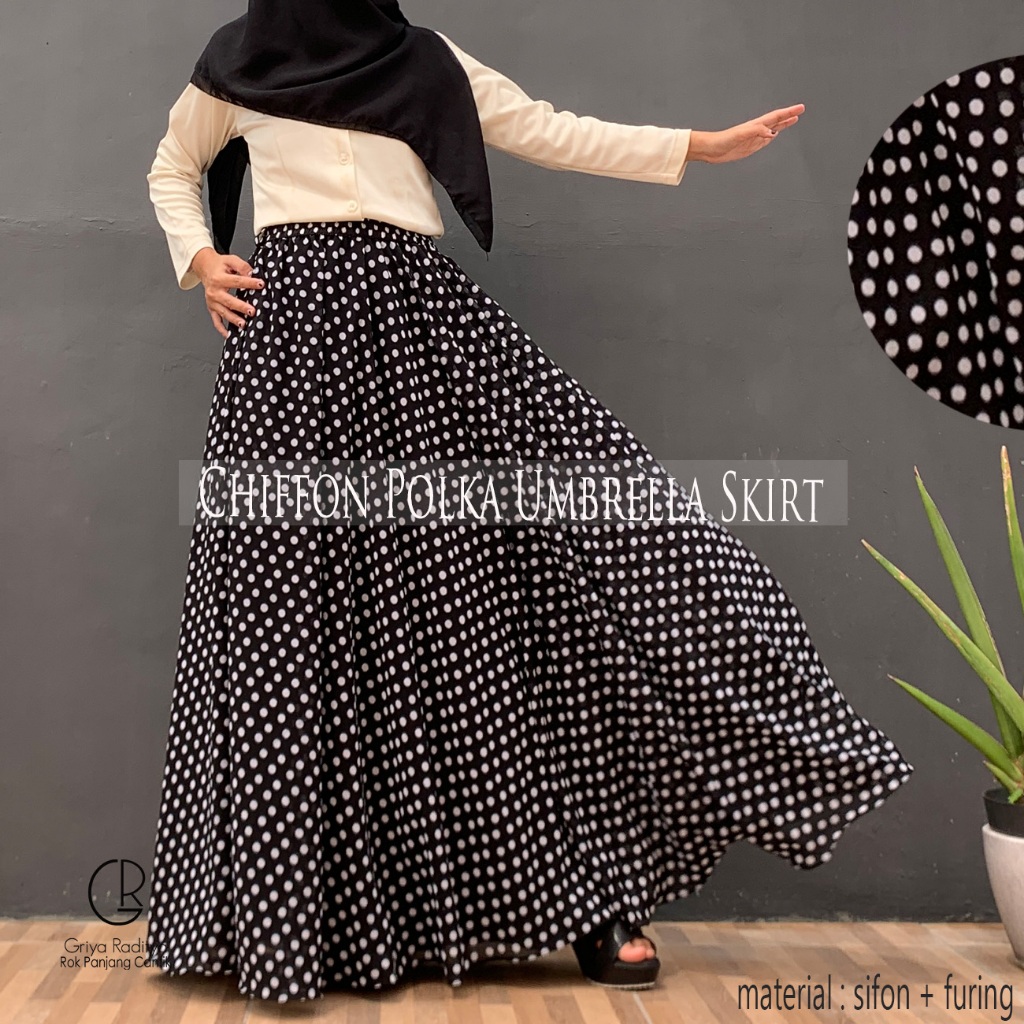 Rok Polkadot Panjang Payung Mayung Lebar Sifon Chiffon Polka Umbrella Skirt Motif Bintik