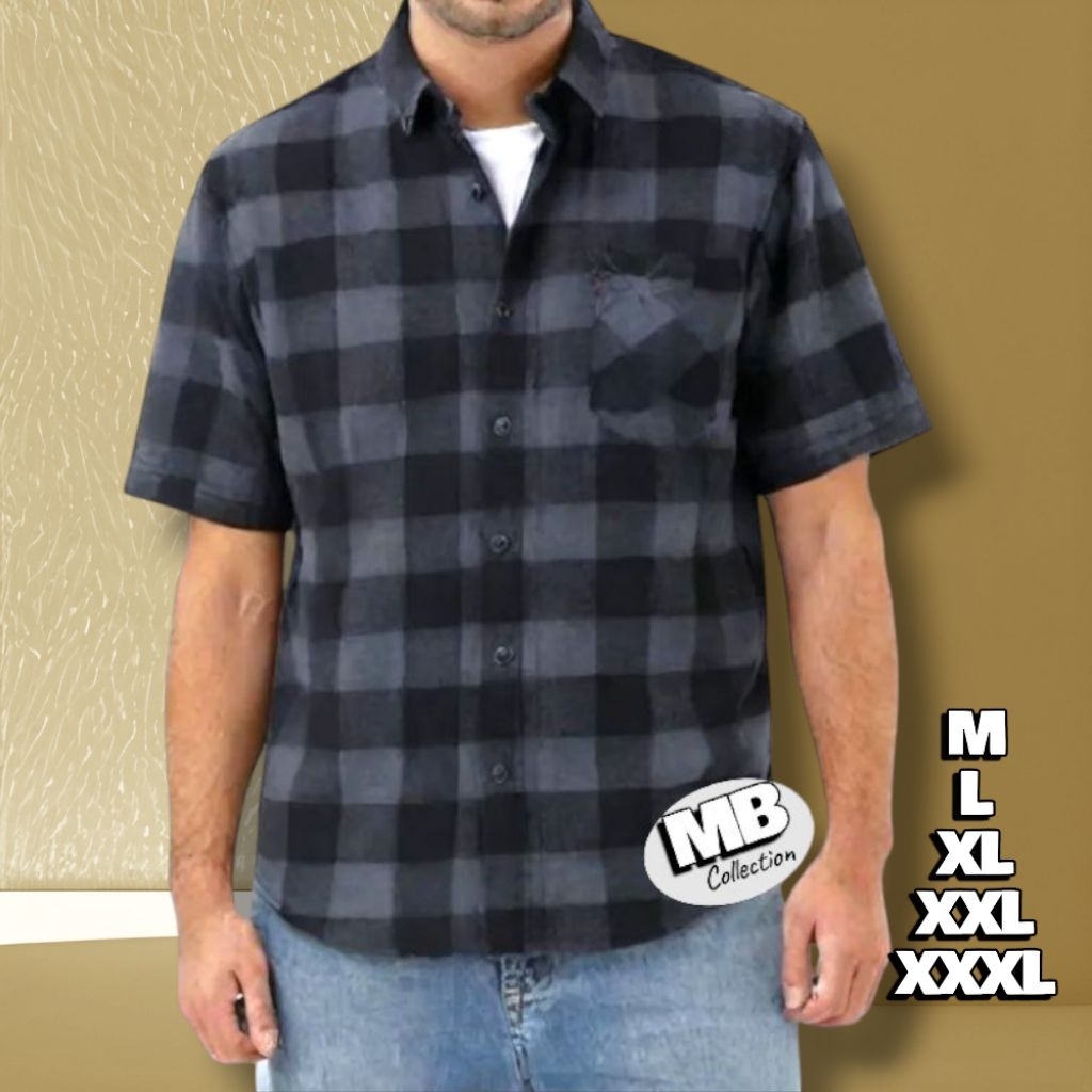 Kemeja Kotak Abu Lengan Pendek Pria Kain Flanel Super Tebal Lembut