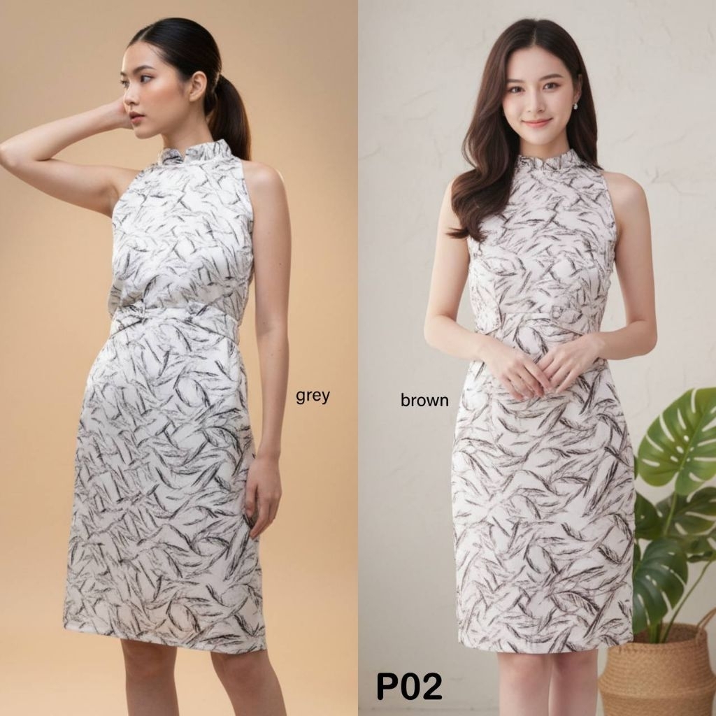 Feather Prints Silk Bodycon Dress / Gaun Simple Casual Print Motif