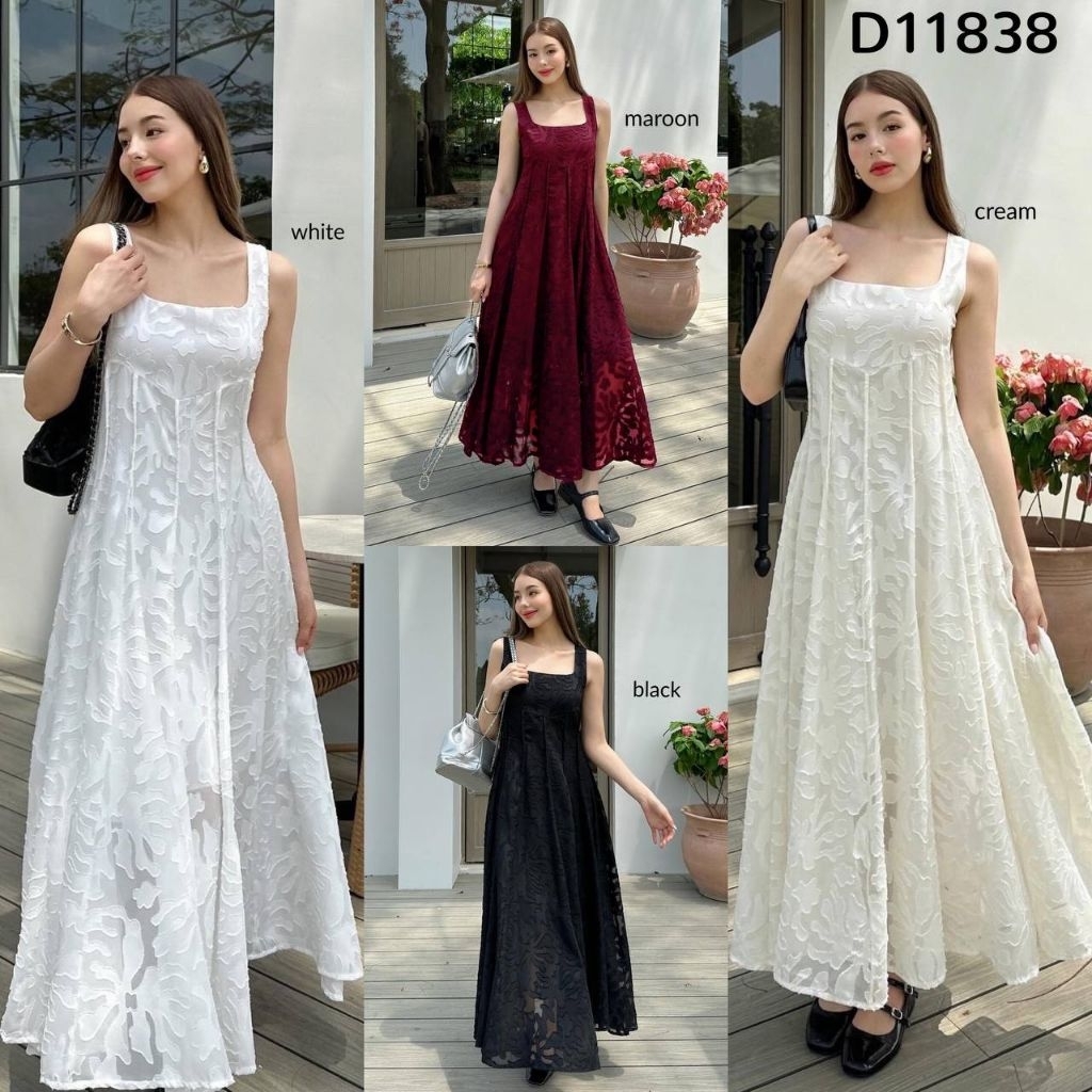 Seasons Square Neck Textured Maxi Dress / Gaun Wanita Elegan Simple