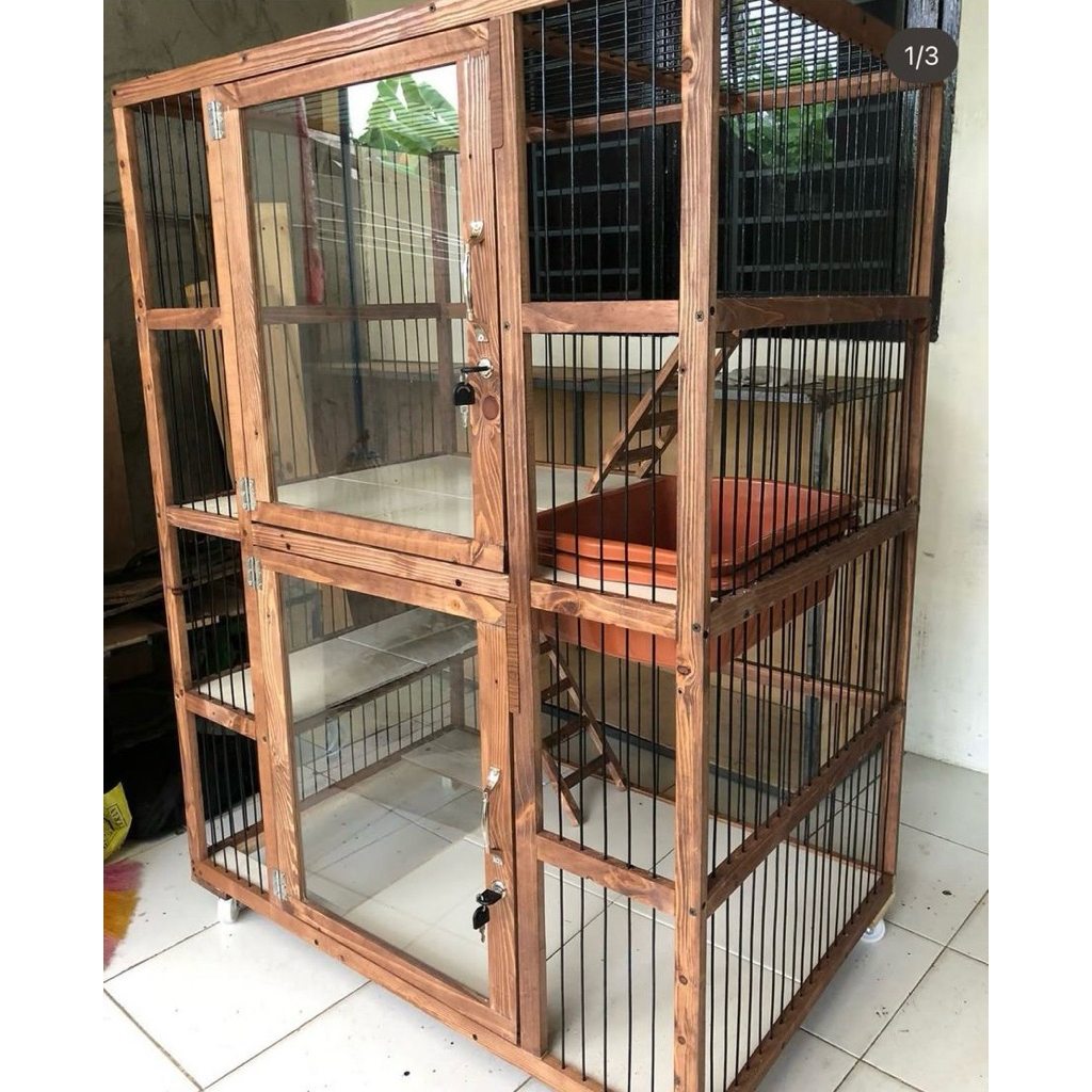 Kandang Hewan Peliharaan Kucing 2 Kamar Kayu - Kandang Kucing Tempahan Medan
