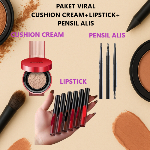 Paket Viral Make Up / Kosmetik - BB Cushion Lip Cream dan Pensil Alis 2in1