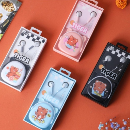 [XY-68] Set Headset Earphone TIGER Earphones / Wadah Earphone Kartun Animal Harimau Lucu