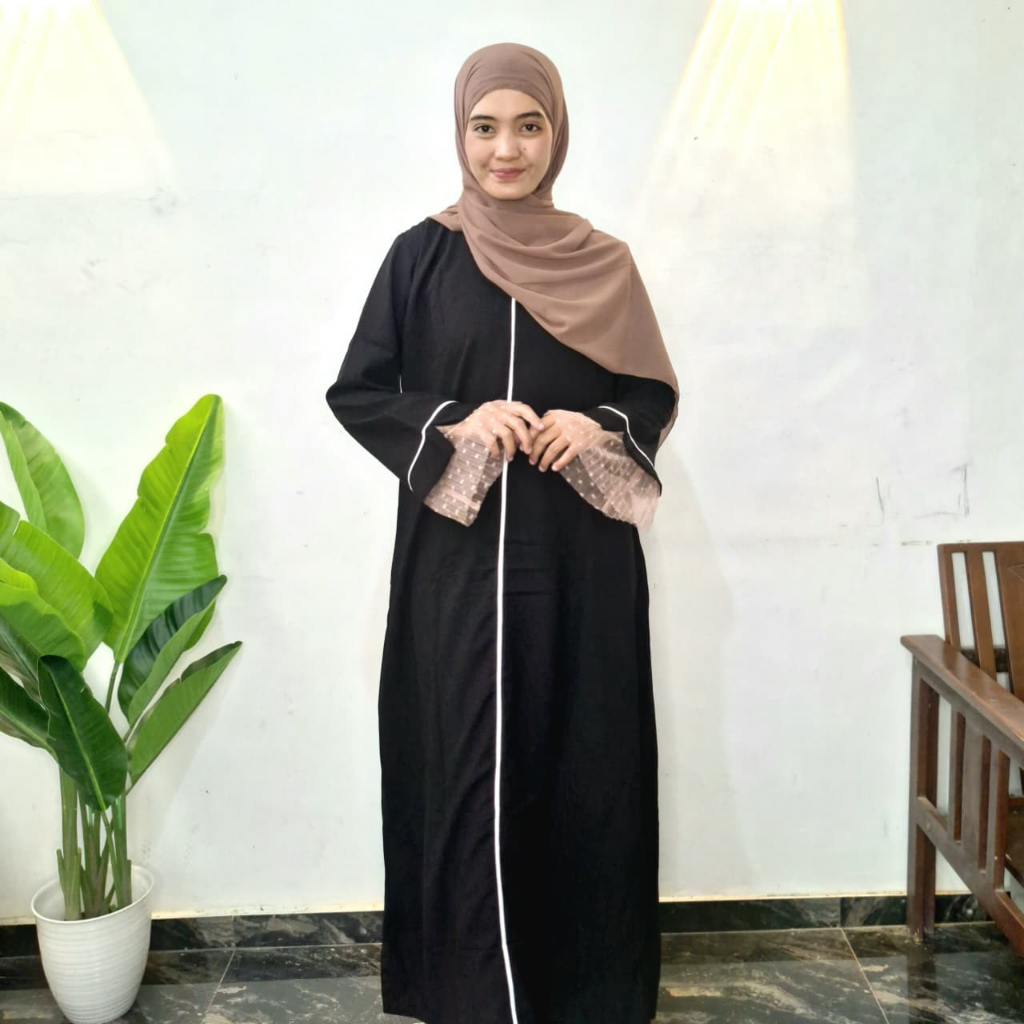 Abaya Hitam Renda Rania Simple Elegan Gamis Turki Jetblack