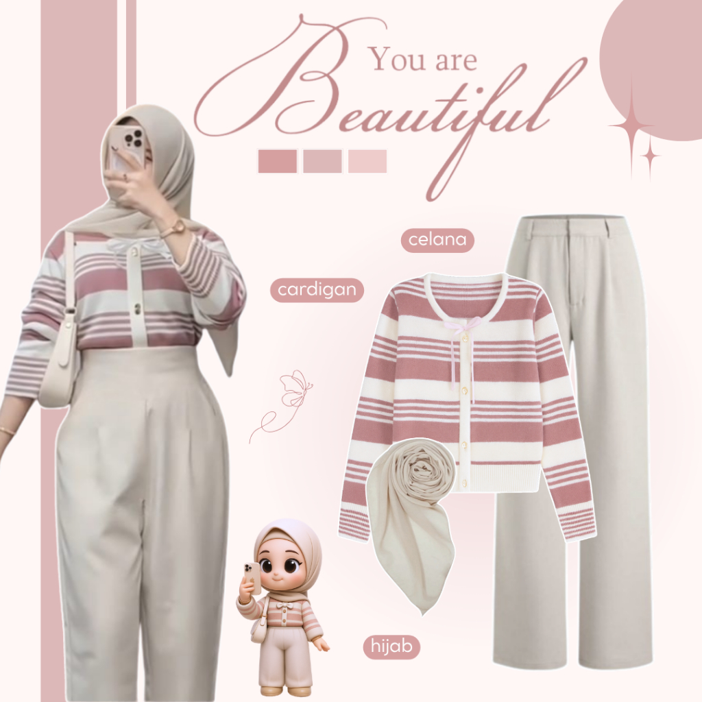 Outfit Stripe Style Kekinian | Cardigan Fiona + Celana Kulot + Kerudung | OOTD Cewe Simple - AM177N