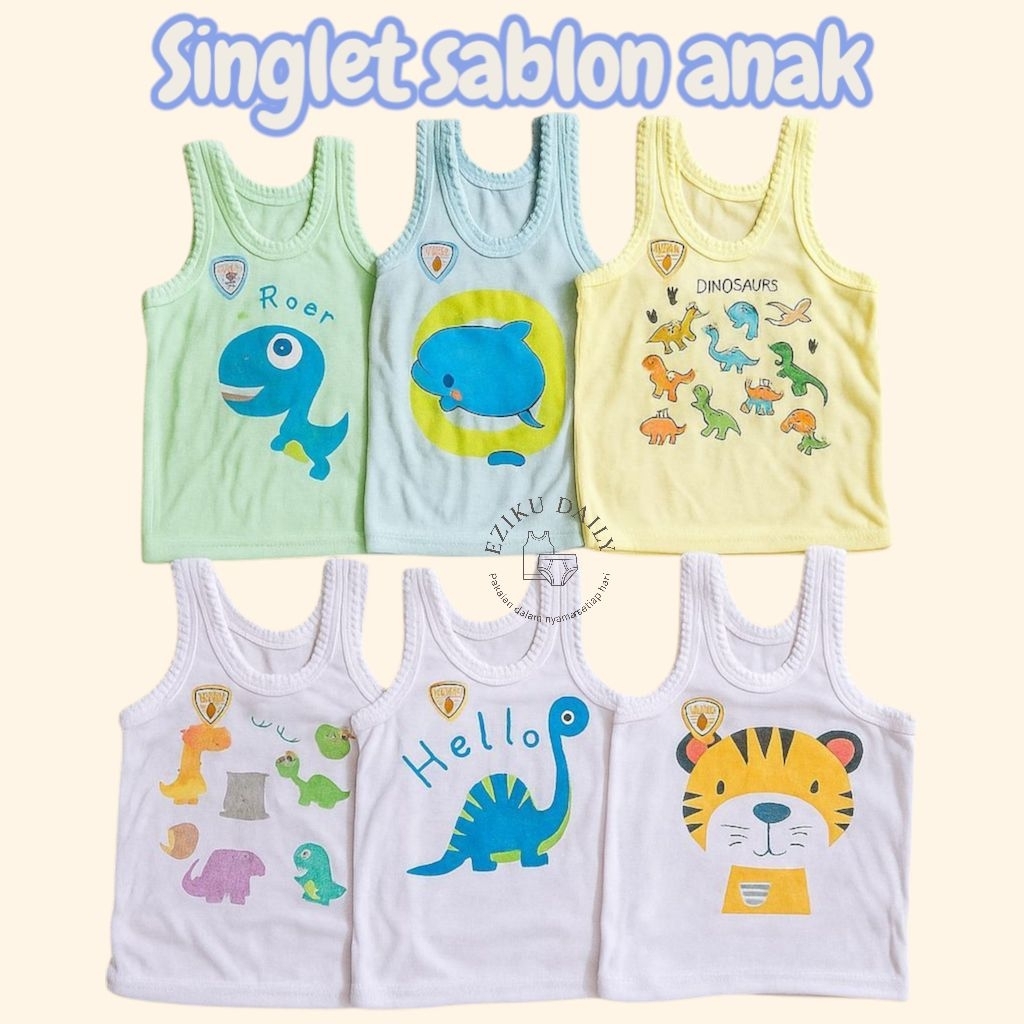 6 PCS Singlet sablon anak / singlet karakter / kaos singlet anak / kaos dalem newborn / kaos dalam m