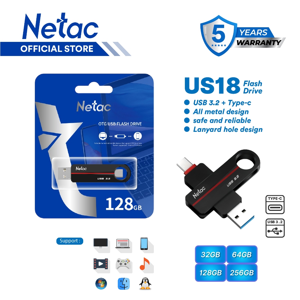 Netac OTG Flashdisk US18 USB 3.2 + Type-C Dual Flash Drive 32GB/64GB/128GB/256GB Flash Disk up to 11