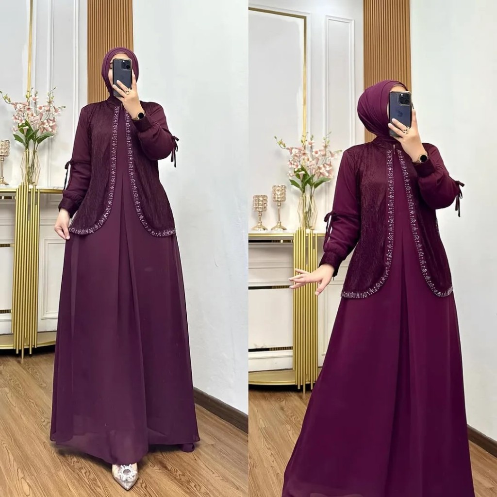 Delova Dress Brokat Ceruty Babydoll Plus Swarovski Premium Lebaran Wanita Mewah Elegan Terbaru 2025 