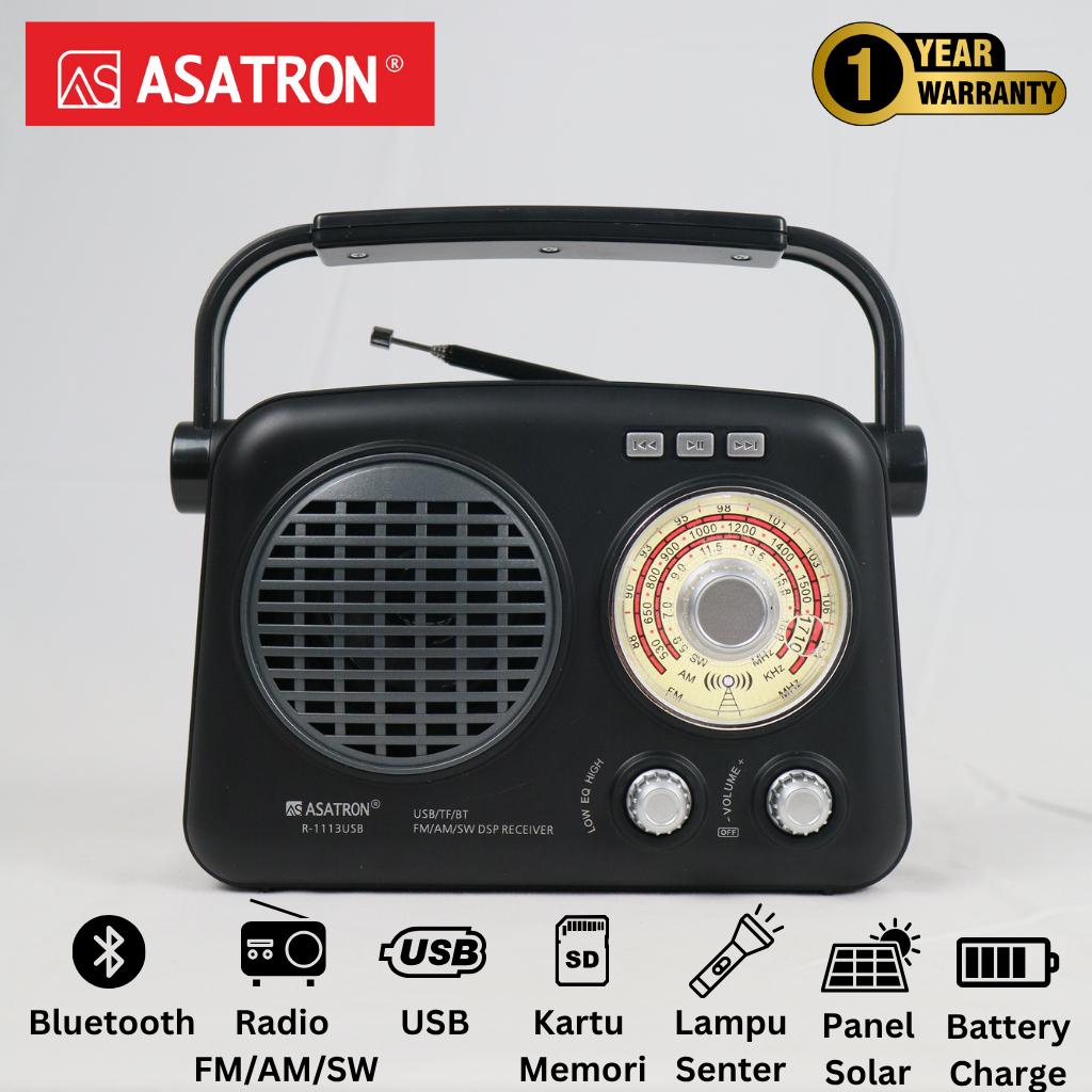 Asatron R-1113 USB Portable Speaker Bluetooth Radio FM/AM/SW1-7 3 Bands + Senter