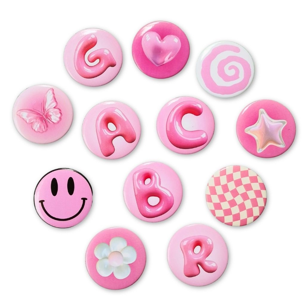 Pin Button | Inisial A-Z | Bubble Pink | Aesthetic | Ukuran 44 mm | Glossy | Custom Pin | Pin Nama |