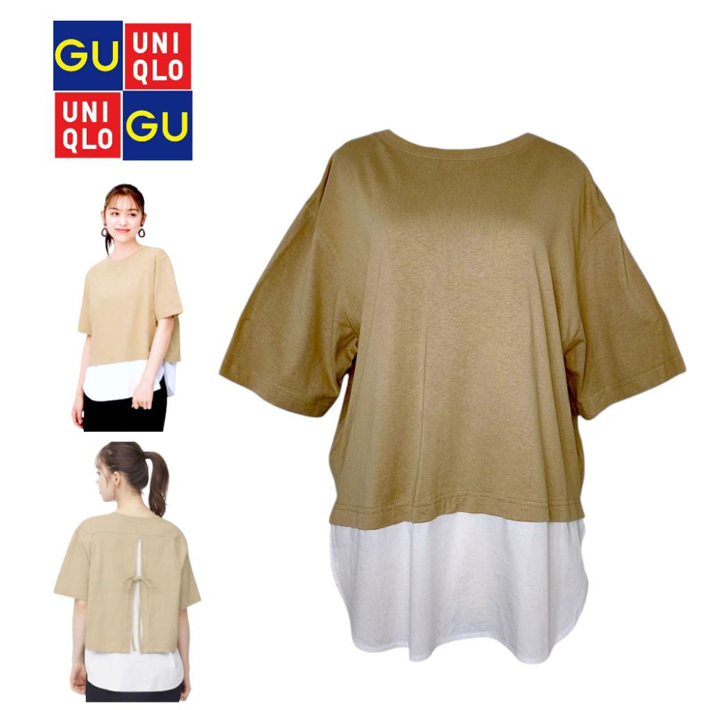 GU-Global Uniqlo Brown and White TShirt Tail Combination Tunic Short Sleeve Size L