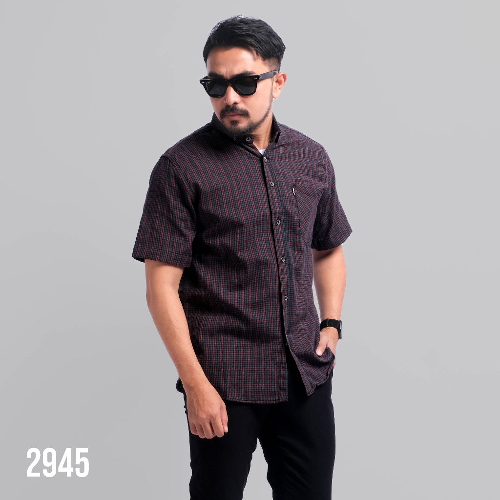 DGM Kemeja Flanel Pria Lengan Pendek Hijau Garis Merah Kemeja Pria Flanel Pria Kemeja Pendek 2945