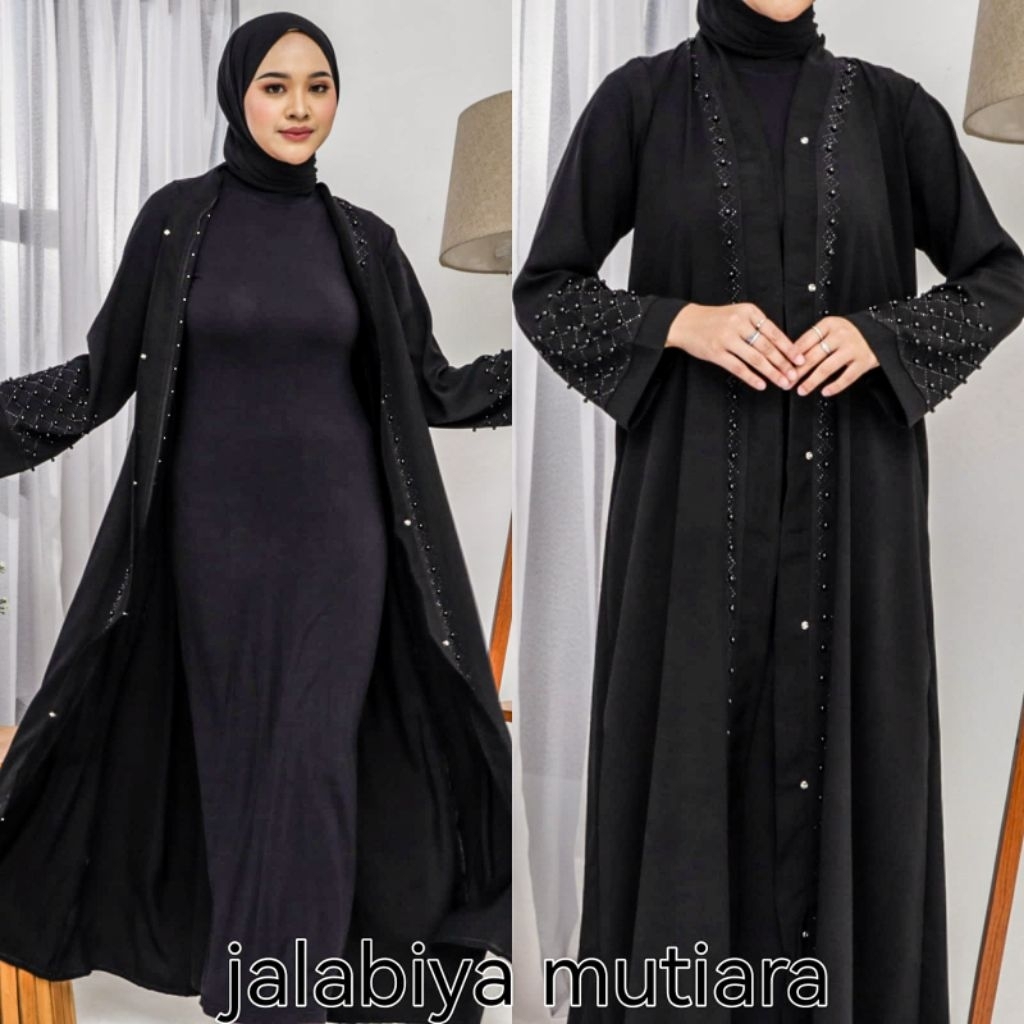 Abaya Jalabiya mutiara hitam, abaya kondangan, gamis kondangan, abaya kondangan mewah, abaya hitam k
