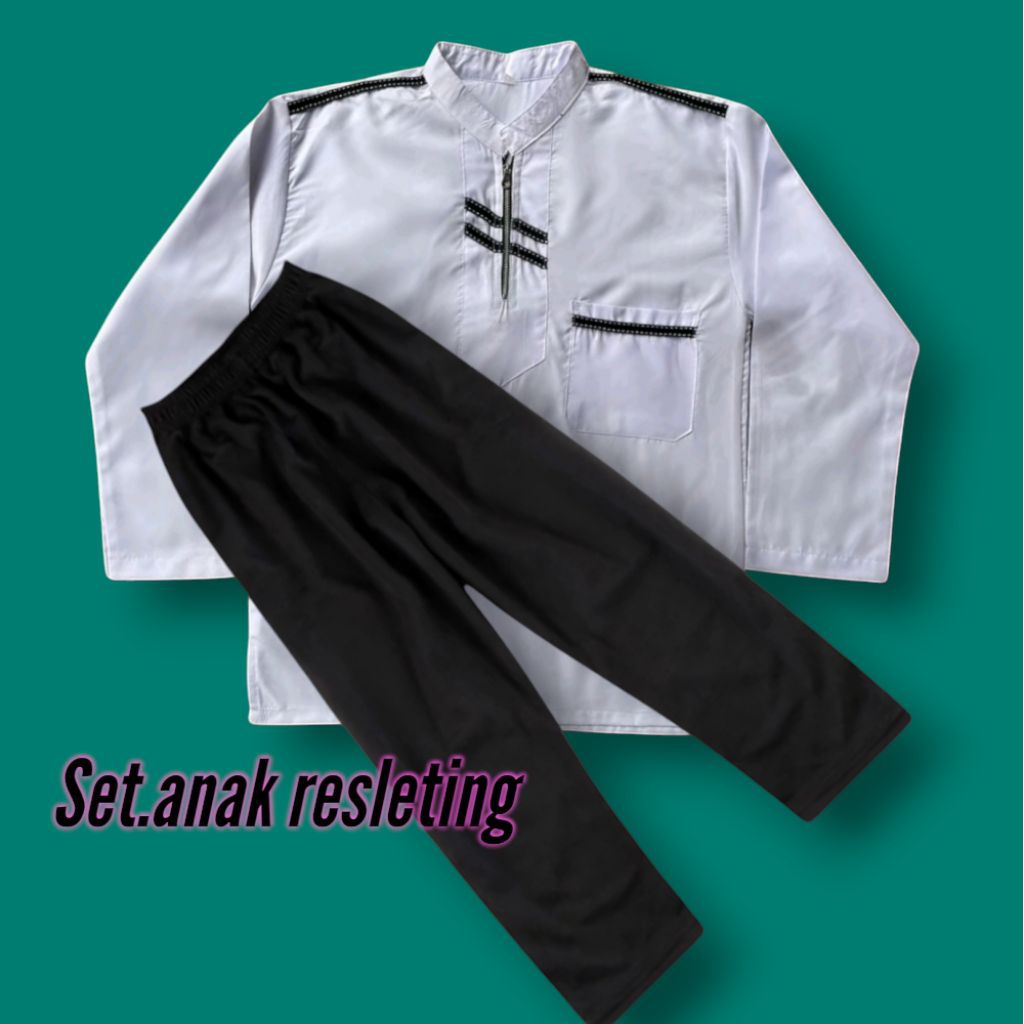Baju Koko anak laki laki resleting lengan panjang katun original hitam putih terbaru