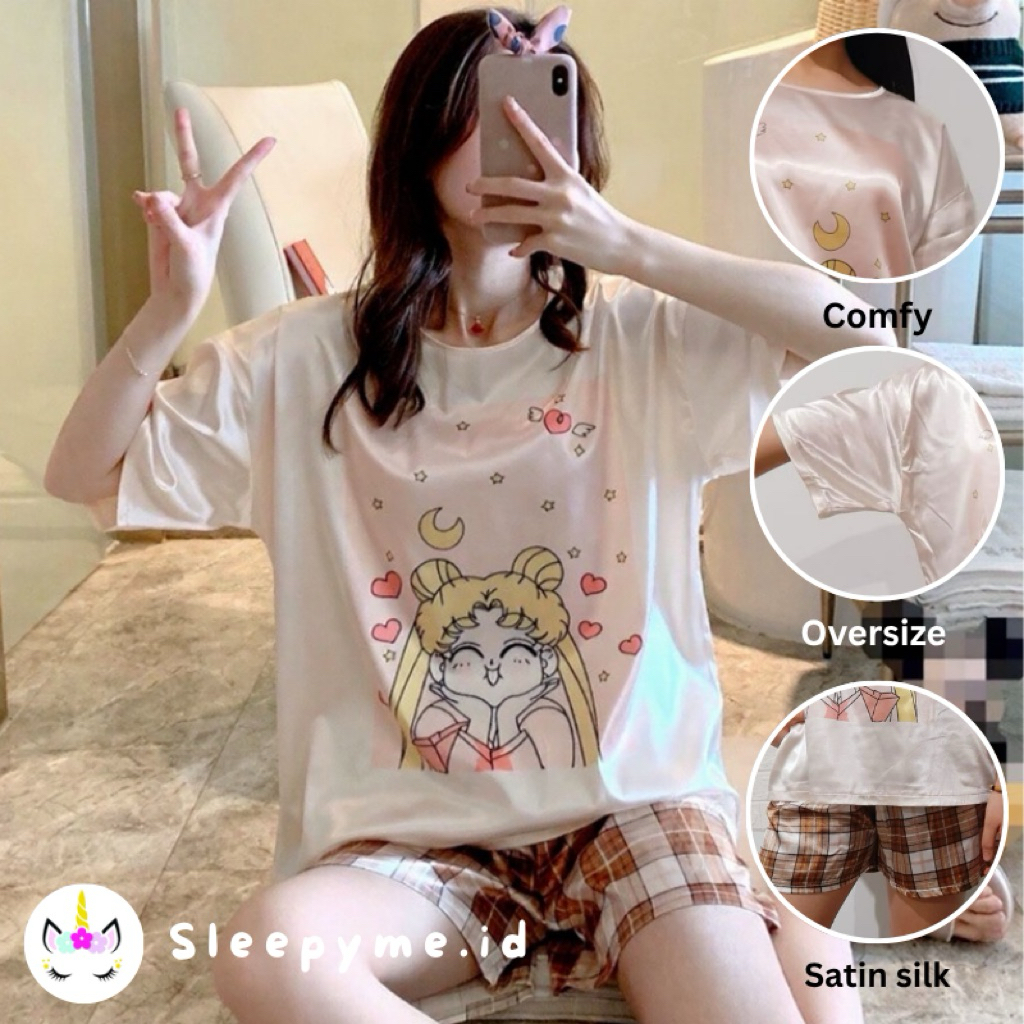 [PREMIUM] Sleepy Me Piyama baju rumah satin silk oversize Sailor Moon anime wanita Korea Import