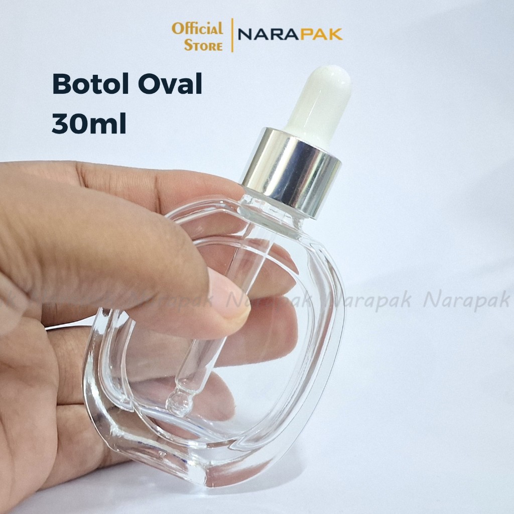 Botol Kaca 30ml Bentuk Oval Bening Pipih Ring Silver Unik Pipet Tetes Serum Skincare