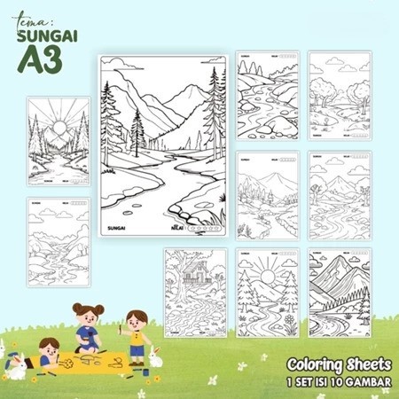 KERTAS GAMBAR MEWARNAI ANAK TK/PAUD - LEMBAR COLORING SHEETS JUMBO A3 - COLOURING SHEET TEMA SUNGAI