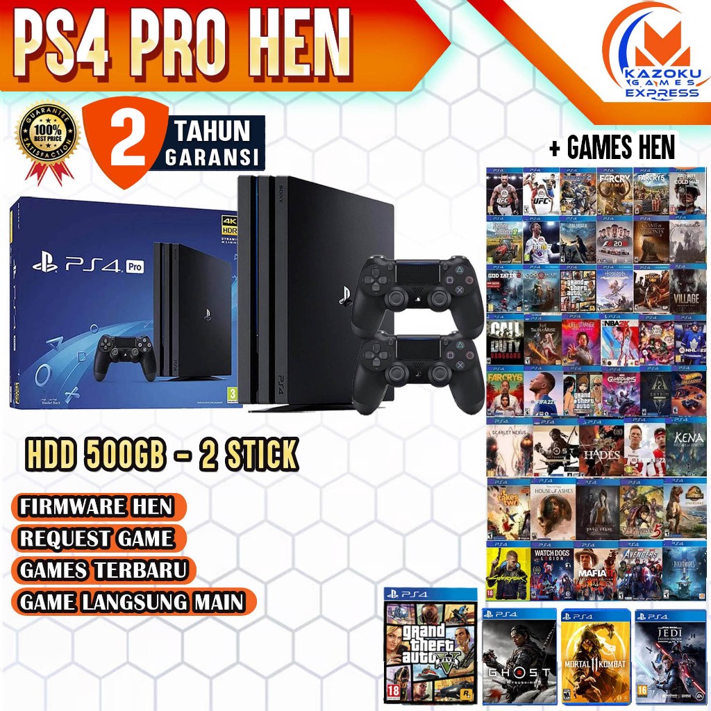 PS4 PS 4 PRO SLIM FAT HEN 9.00 HDD 500GB 1TB GARANSI 2 TAHUN