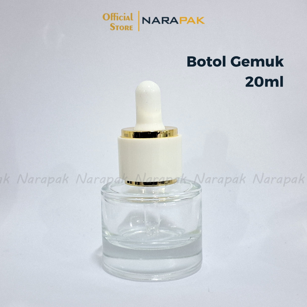 Botol Kaca 20ml Bulat Gemuk Kaca TEBAL Botol Pipet Serum Skincare Tutup Putih List Gold