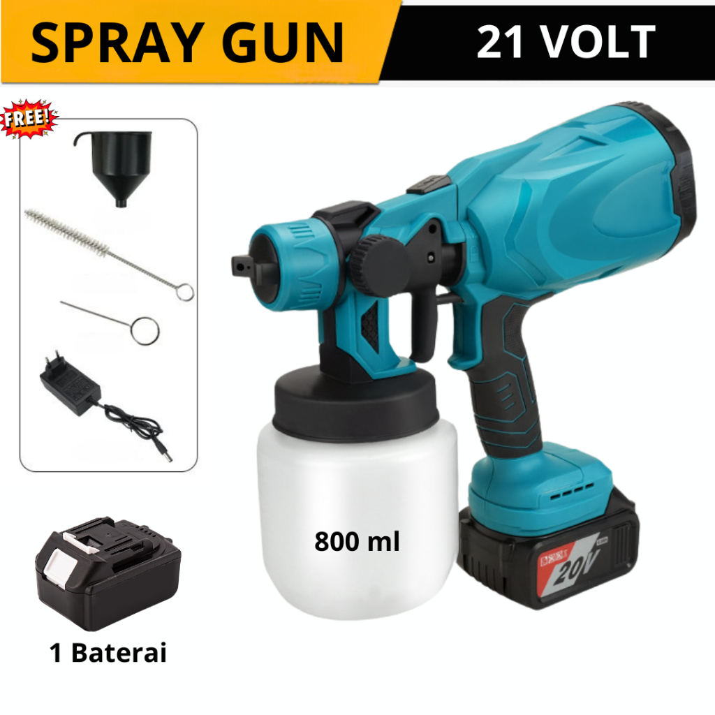 Spray Gun Baterai Mesin Cat Semprot 21 volt 2 Baterai Cat air Dan Cat Minyak 800W