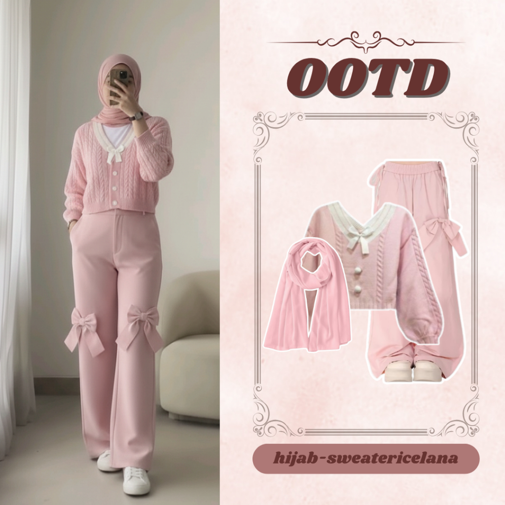 Oneset OOTD Korean Style 3in1 (HIJAB-SWEATER-CELANA),One set Wanita Korean Style 3in1 Hijab OOTD Out