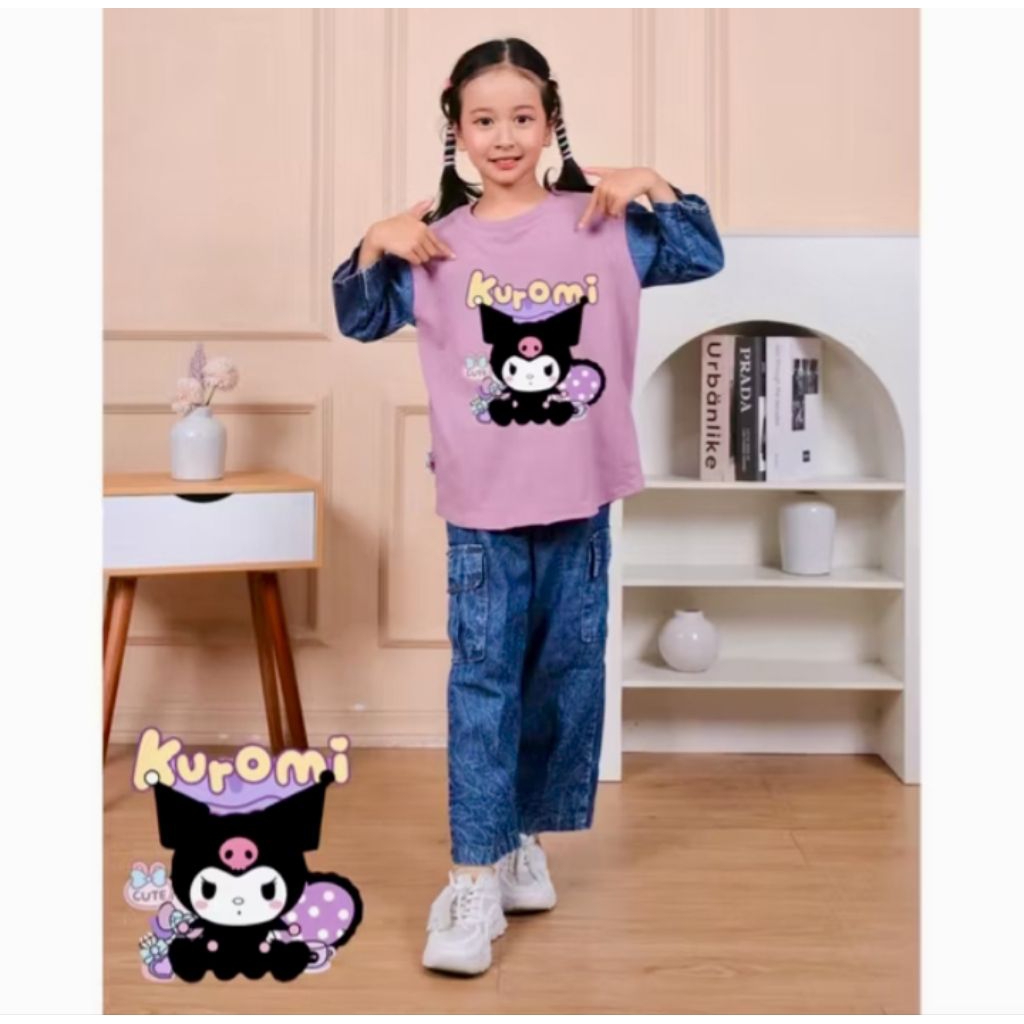 (Gratis Ongkir) baju anak perempuan Baju Kuromi Setelan Celana Levis Cargo dari 3 tahun - 14 Tahun