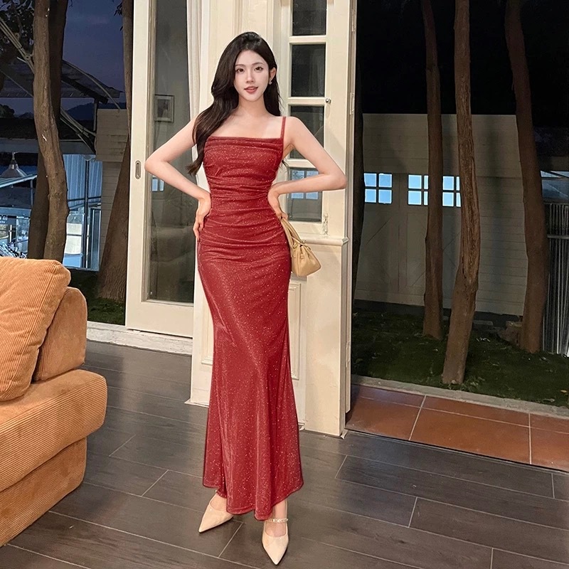 Midi Dress Merah Press Body Tanpa Lengan untuk Wanita Gaya Korea