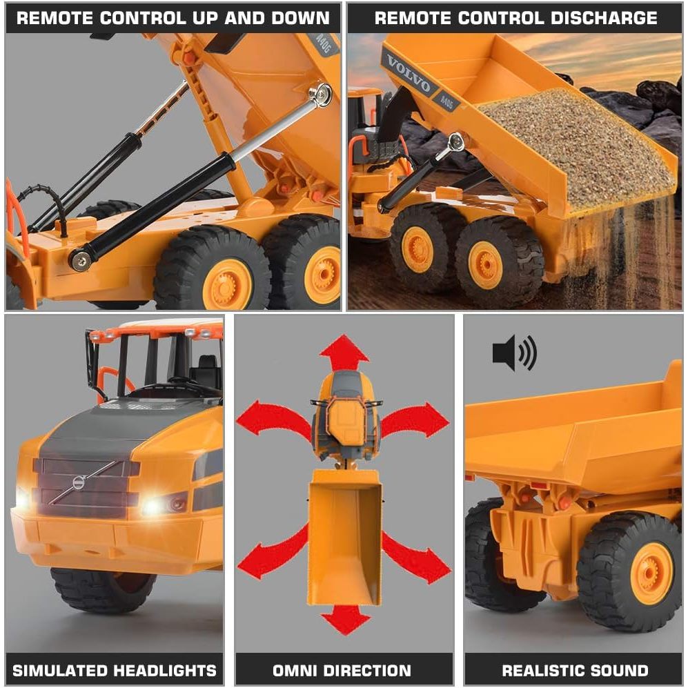 DOUBLE E Volvo RC Dump Truck Toy for Kids, Articulated Hauler, Remote Control Construction Toys