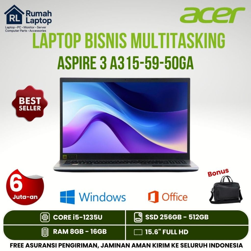 BEST SELLER Laptop Acer aspire 3 A315-55s6 Core i5-1135g7 Ram 8gb Ssd 256gb Nvme Layar 15,6" Silver 