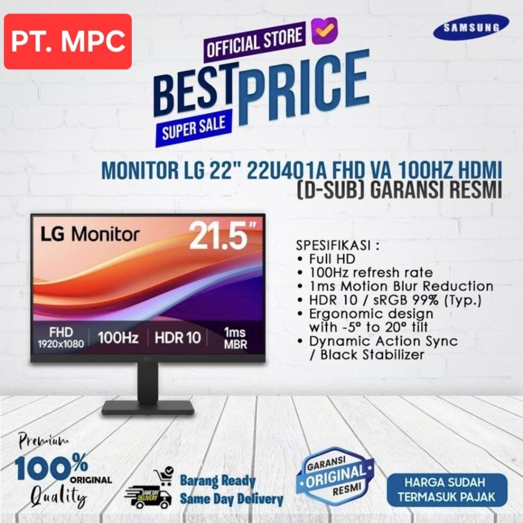 LG Monitor 22in 22U401A HDMI VGA FHD 100Hz Gaming Monitor Free Kabel hdmi Garansi Resmi 1th 22inch 2