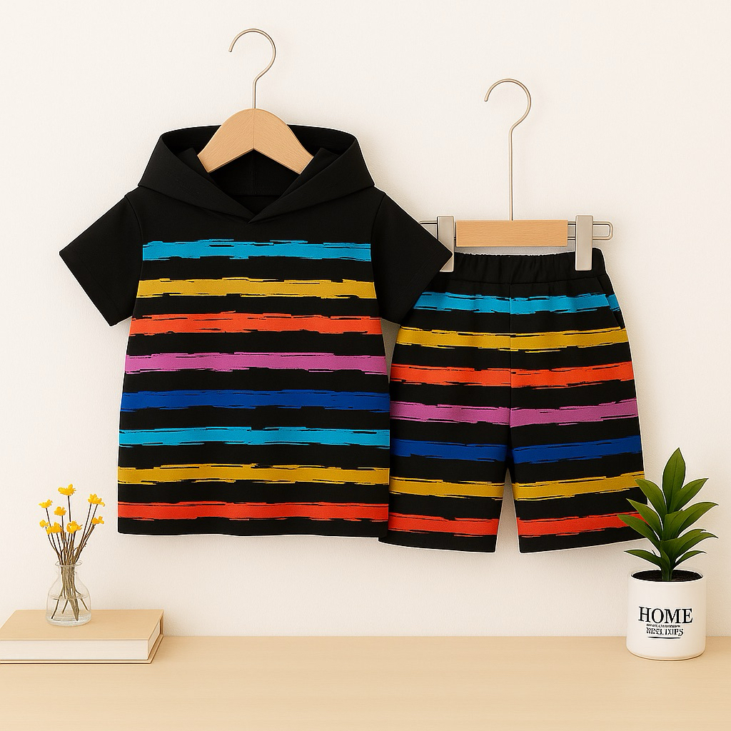 Setelan Anak Laki Laki Hoodie Garis Warna Warni Celana Pendek Baju Anak Cowok Santai Harian Fashion 