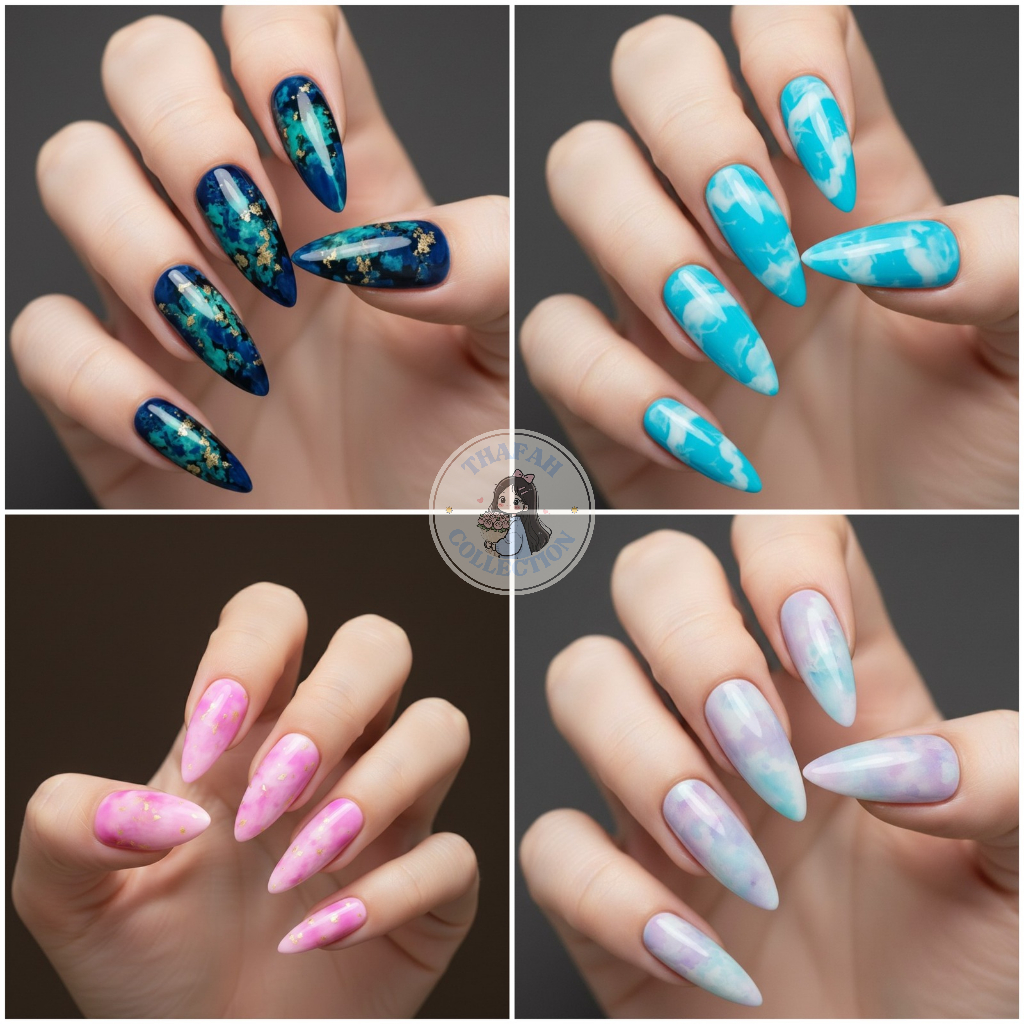 Kuku Palsu Premium Elegan – Motif Marble | Press On Nails Panjang Glossy dan stylish|kuku palsu pres