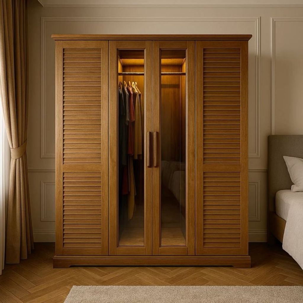 Lemari Kayu Jati Klasik 4 Pintu Kaca Tengah Lampu LED