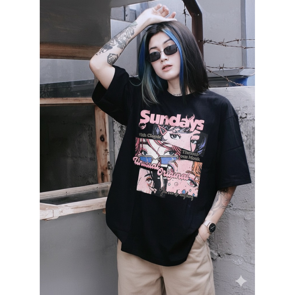 Kaos Oversize Motif Jepang Harajuku Tshirt Unisex Katun Tebal 24s