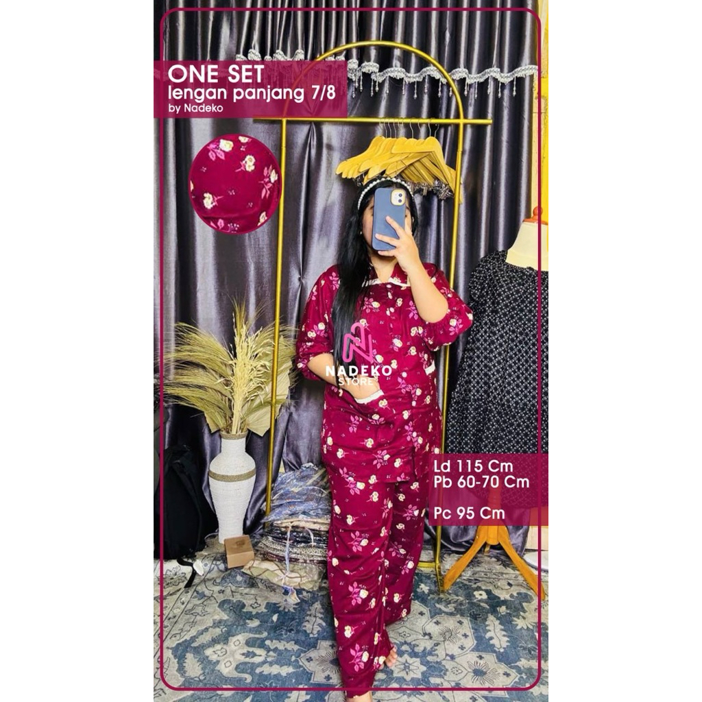 NADEKO ONE SET Lengan Panjang by Nadeko Lengan 7/8 karet bahan rayon cantik bunga piyama