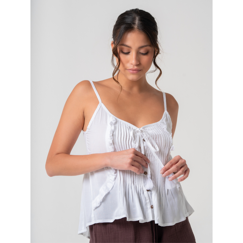 BLOOD + BONE - Alphabet City Top - White - Sophisticated Rayon Top with Open Front Button Detail and