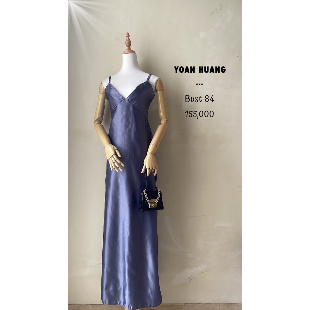 Gaun gown maxi panjang seksi sexy dark silver polos setali tank leher V neck slit loose panjang angg