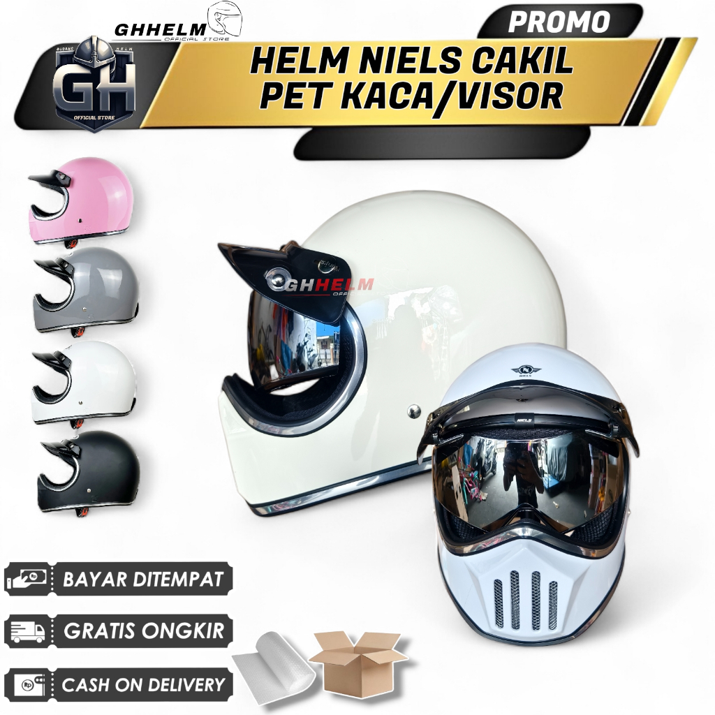 HELM NIELS Cakil Helm Full Face Retro List Chrome + PET KACA / VISOR