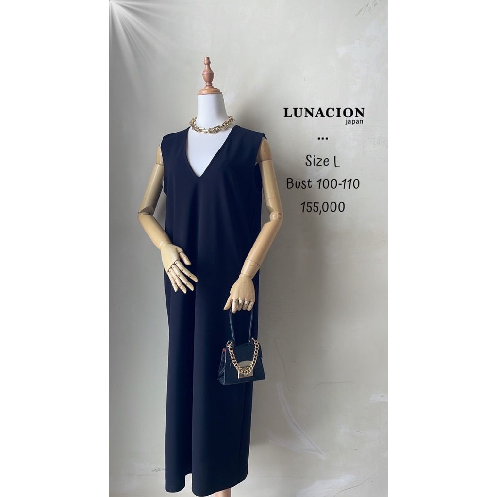 Overall midi dress leher V neck hitam polos stretch premium preloved murah simple cantik slit keren 