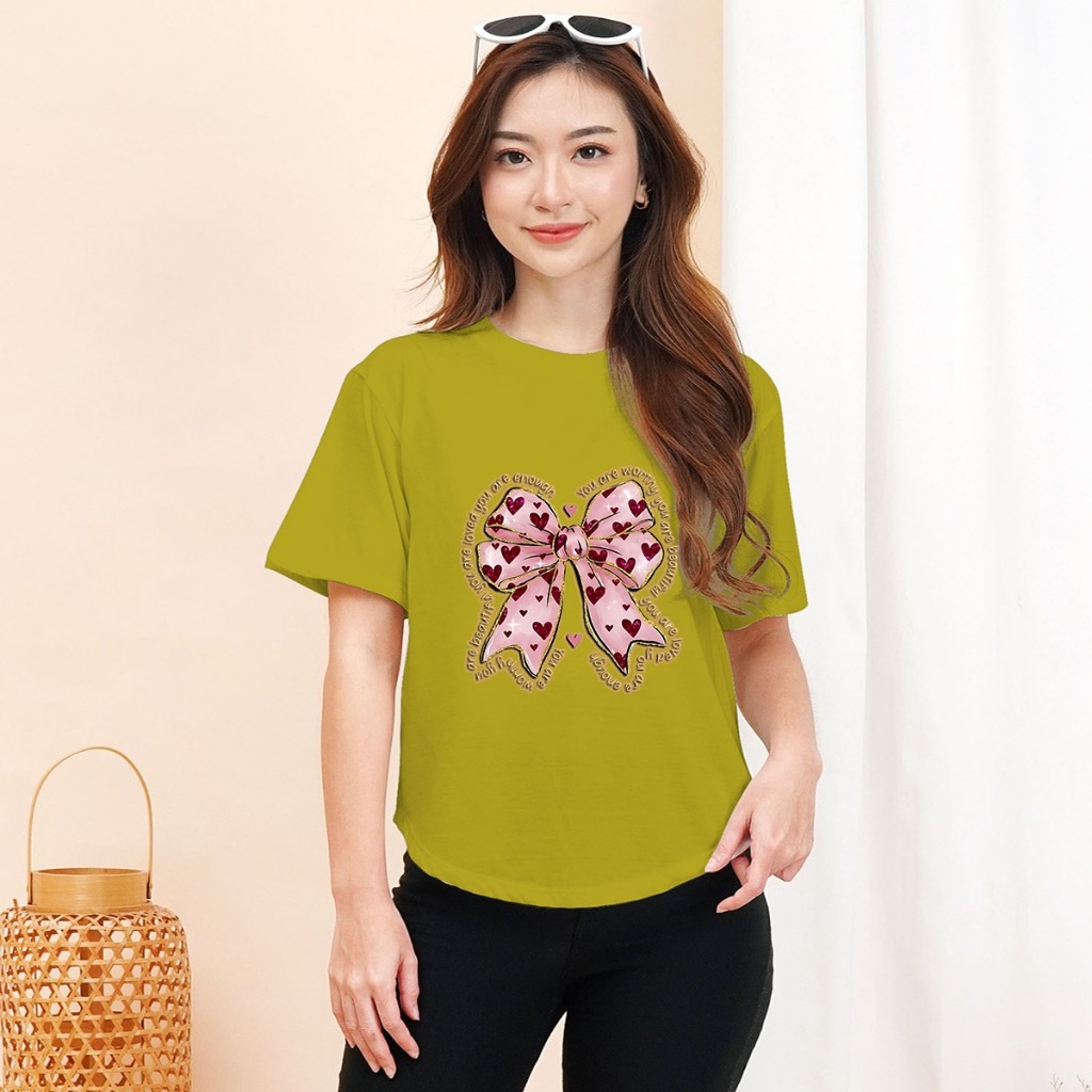 Kaos Oval viral lengan pendek motif Big polkadot pink pita/ kaos lengan pendek/kaos wanita/kaos vira