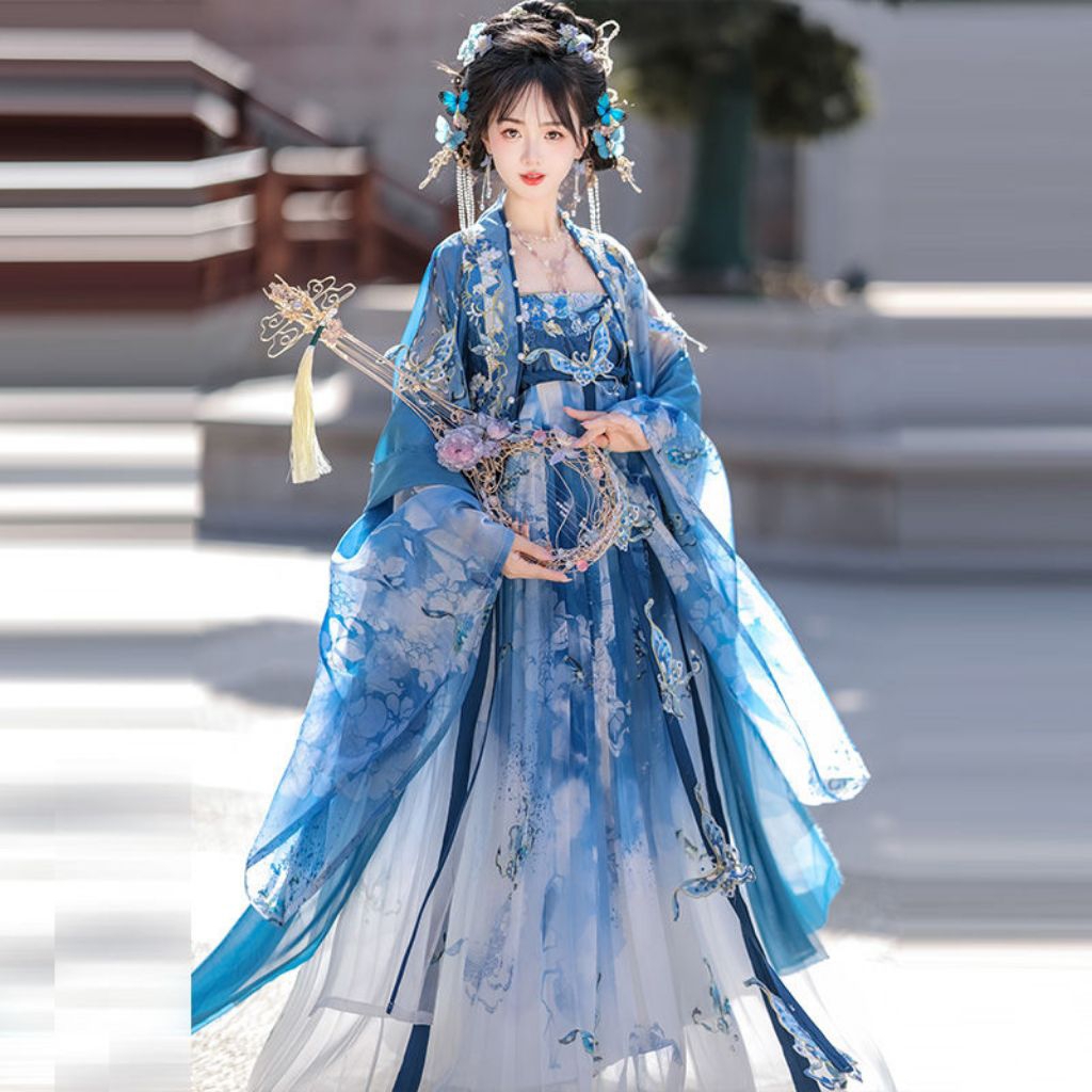 Hanfu Biru Elegan Wanita – Baju Tradisional China Klasik Brokat Bordir, Kostum Cosplay Putri Kerajaa
