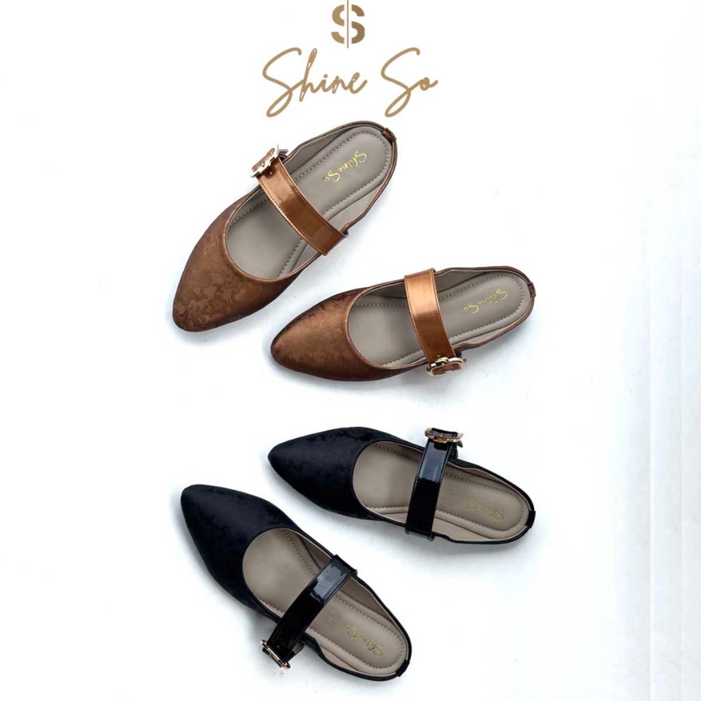 Shine So Danella - Sendal Sepatu Flat Wanita Slip On Elegan Sandal Motif Bunga Variasi Gold Kekinian